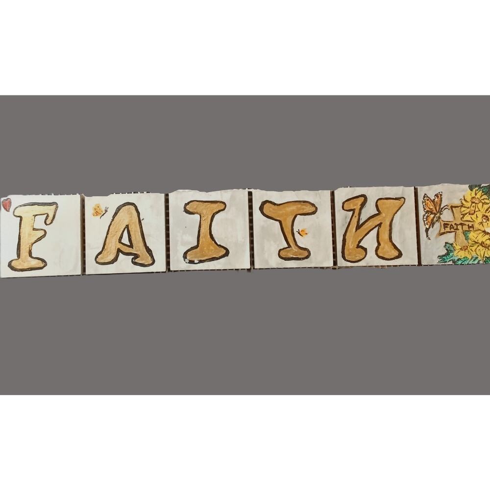 Rustic FAITH Tiles Set Hand-painted Christian Decor Sunflower Cross Folk Art
